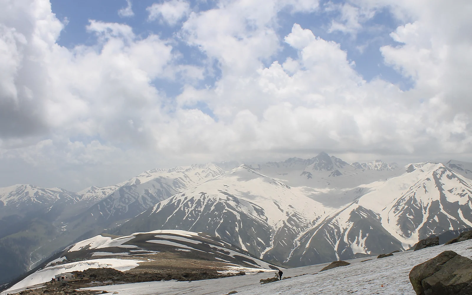 Snow-covered mountain peaks and an alpine valley in Kashmir; Kashmir Valleys & Mountain Days is customizable